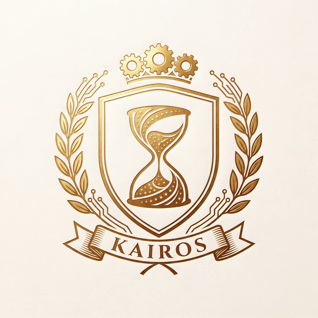 Blason de la lignée Kairos : sablier aux étoiles dans un écu, lauriers en circuits, couronne d'engrenages