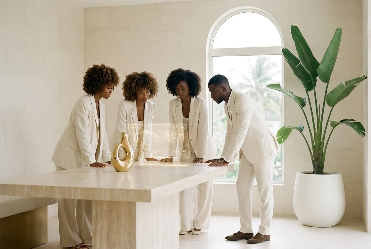 Illustration éditoriale d'un atelier caribéen ivoire, autour d'une table de travertin et d'une interface holographique dorée