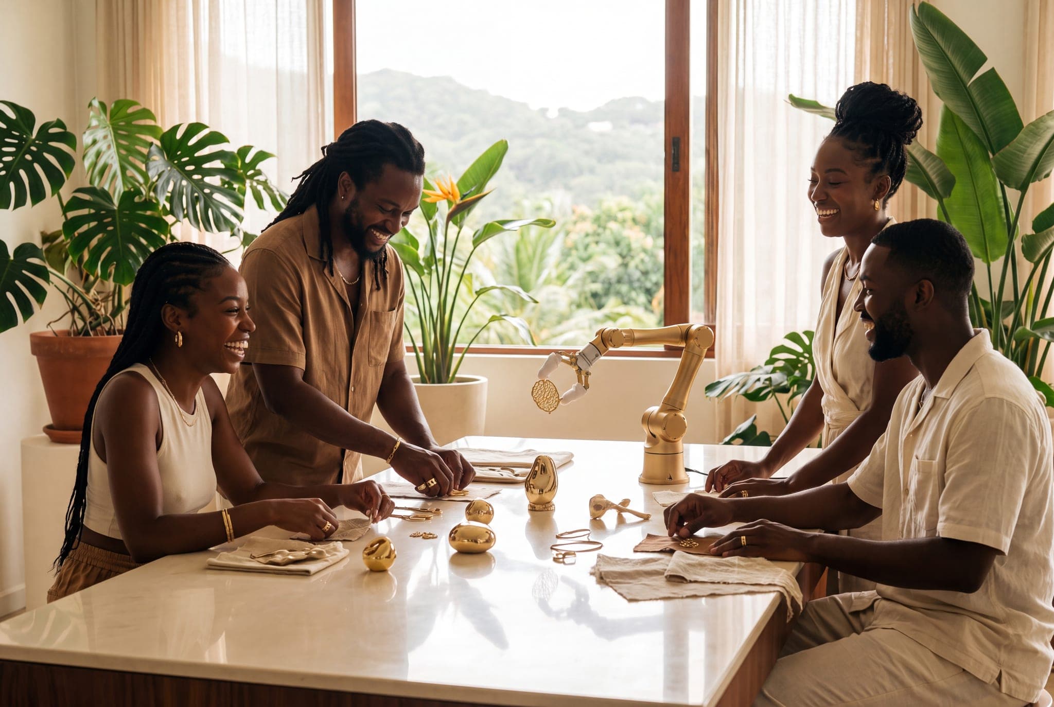 Équipe martiniquaise travaillant autour d'une table ivoire avec un bras robotique doré