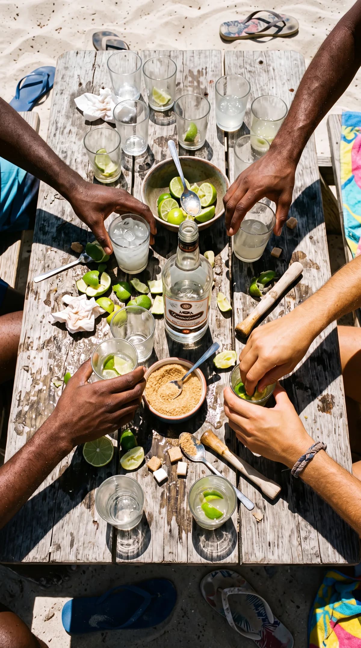 Mains trinquant au-dessus d'une table de bois couverte de citrons verts et de verres de ti-punch, vue en plongée — le rituel de fin de projet chez Byss Group, en Martinique