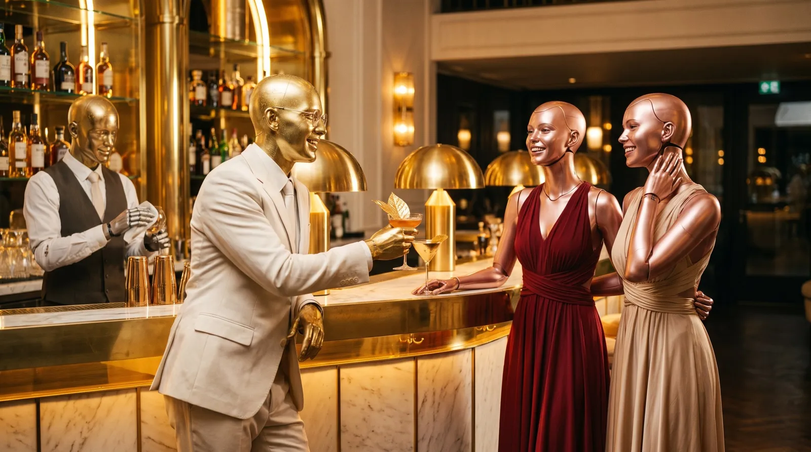 Androïde doré en costume ivoire offrant un cocktail à la feuille d'or dans un bar de laiton chaleureux