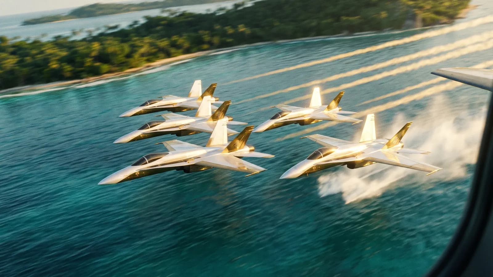 Escadrille de chasseurs blanc et or en formation serrée au ras d'une mer turquoise, traînées dorées