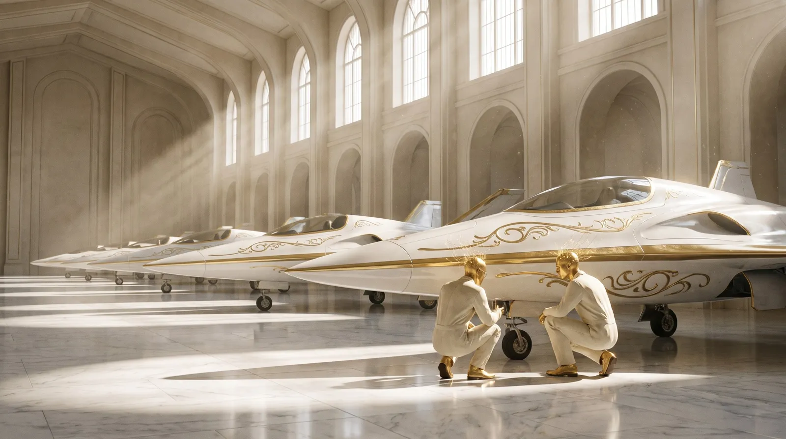 Hangar ivoire baigné de lumière où deux androïdes dorés entretiennent des avions blanc et or