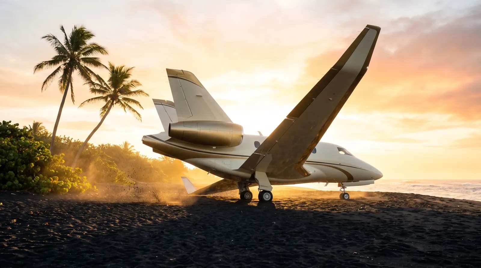 Jet privé ivoire et or posé sur une plage de sable noir au lever du soleil, palmiers dans la lumière dorée
