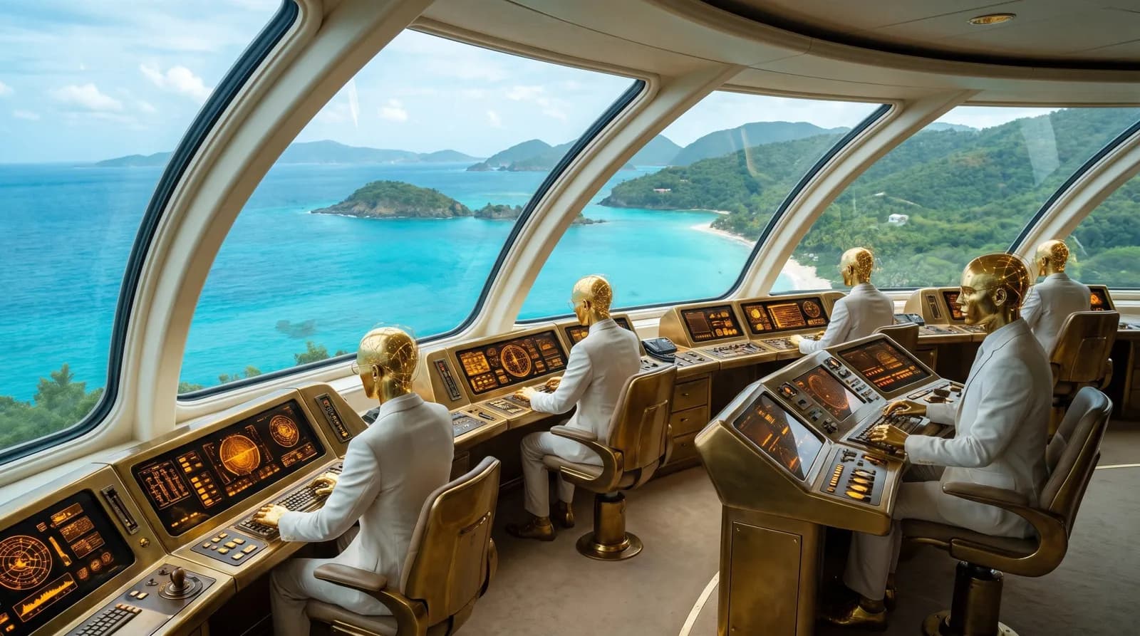 Poste de commandement ivoire où des androïdes dorés supervisent des consoles, face à une baie tropicale