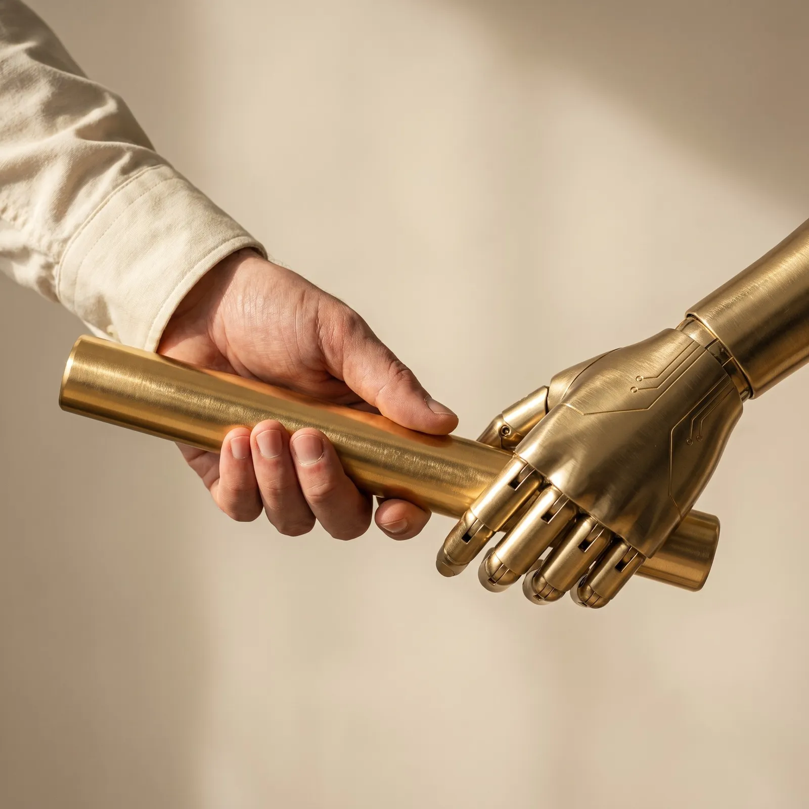 Main humaine passant un témoin d'or poli à une main d'androïde gravée de circuits, sur fond ivoire