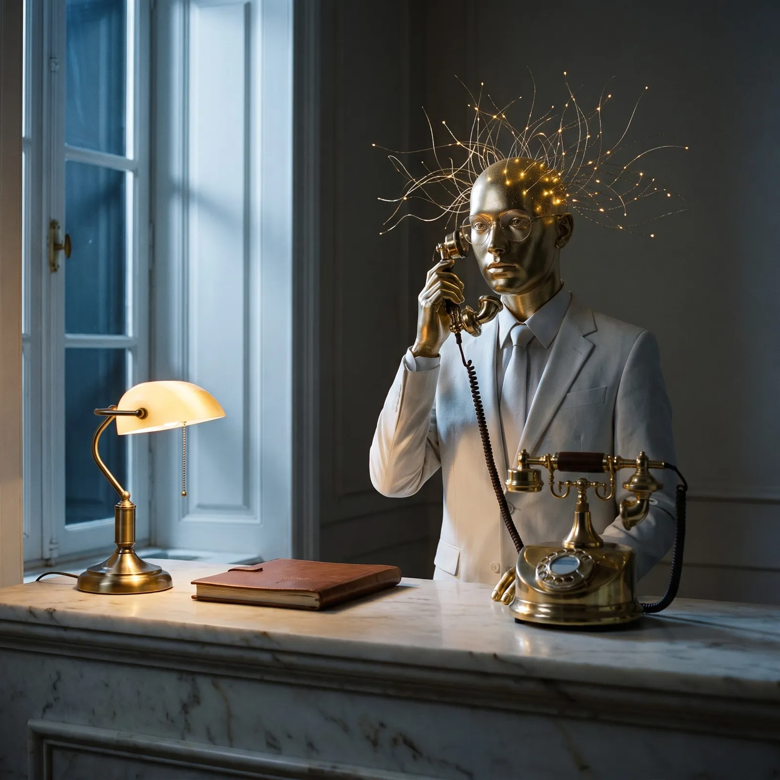 Androïde doré de garde derrière un comptoir de marbre, répondant à un téléphone de laiton sous la lumière d'une lampe de banquier