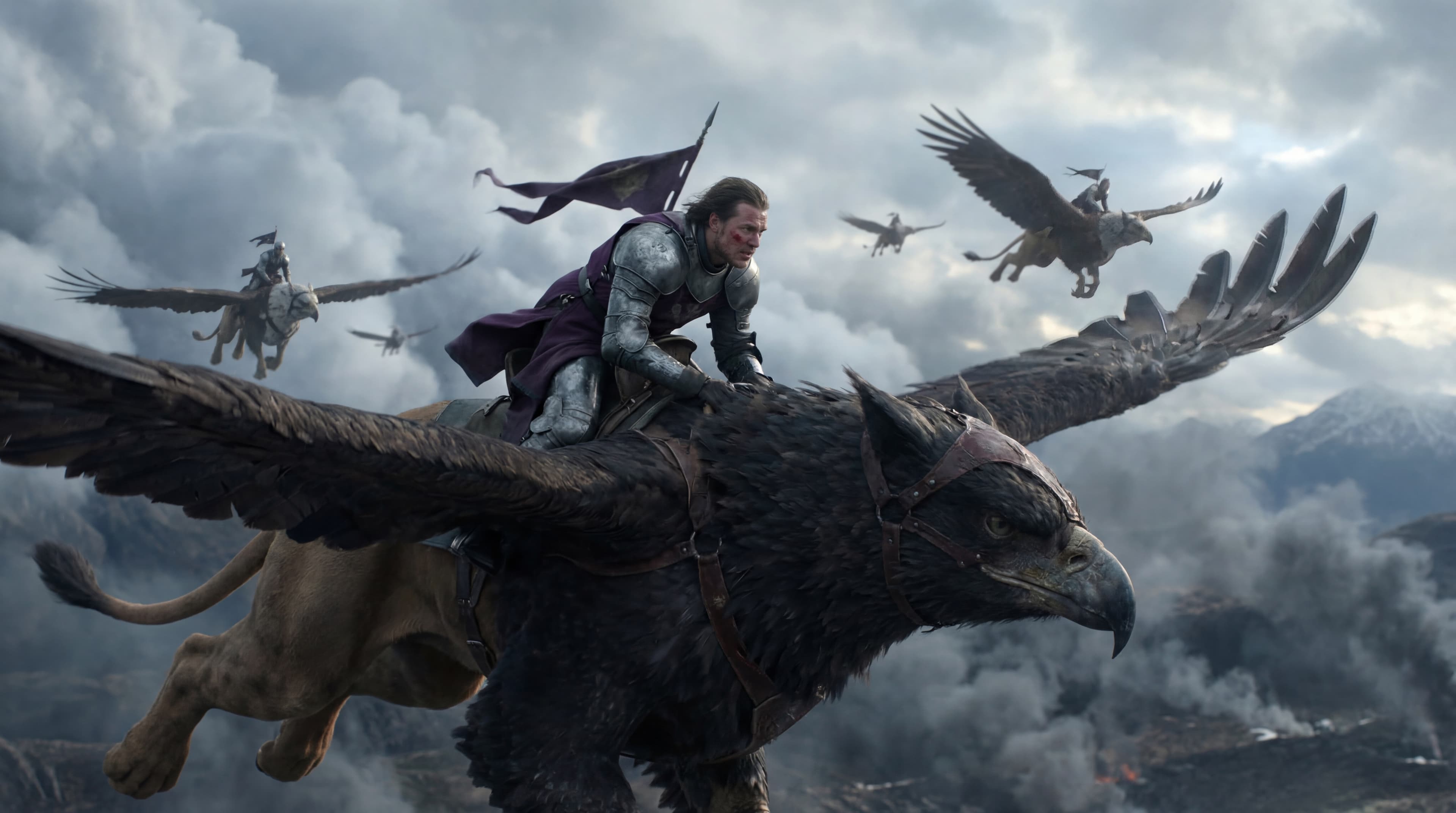 Cavalier en armure chevauchant un griffon au-dessus d'une bataille, dans l'univers Cadifor