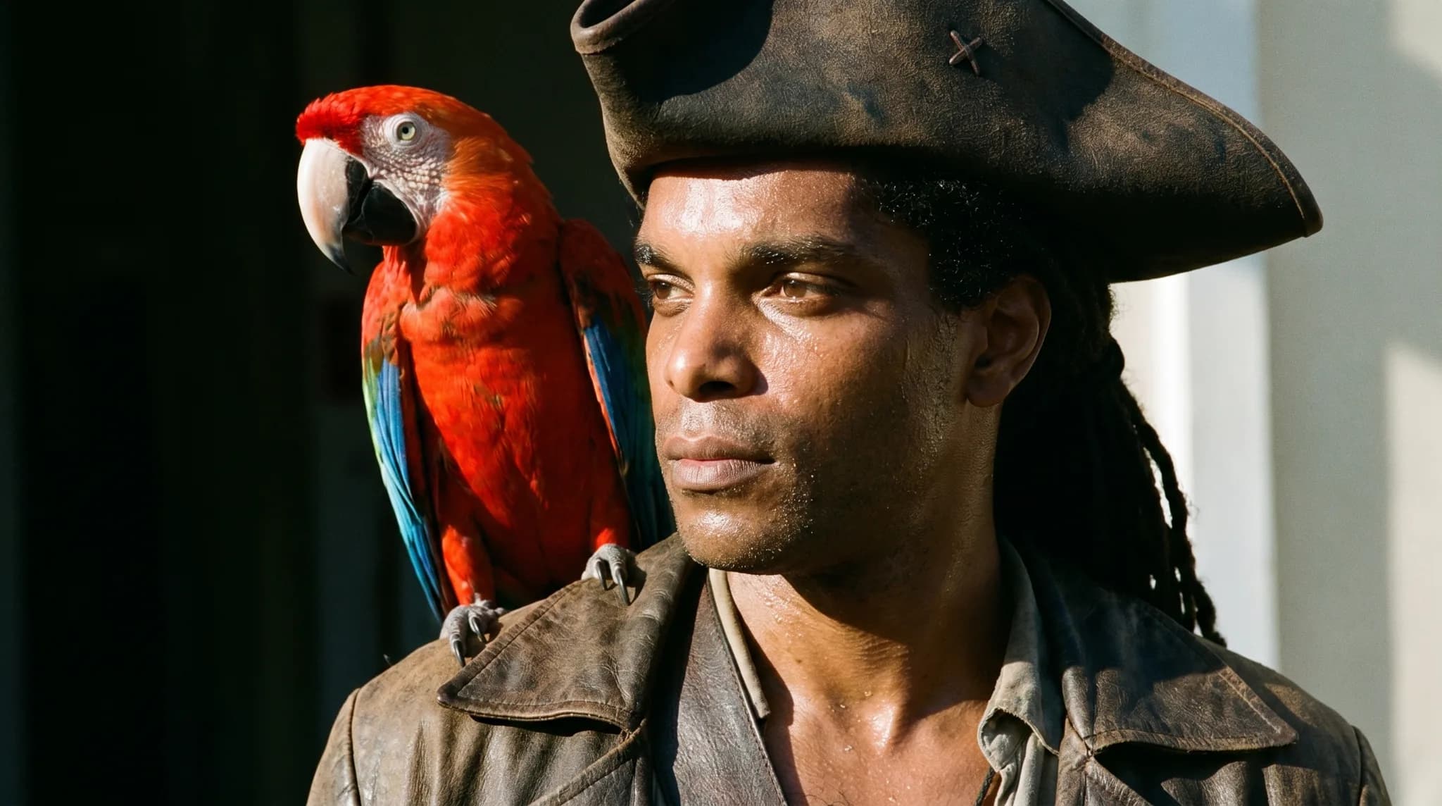 Portrait rapproché du Capitaine au tricorne, perroquet rouge sur l'épaule, regard vers l'horizon : clip Toxic ABABA, production Byss