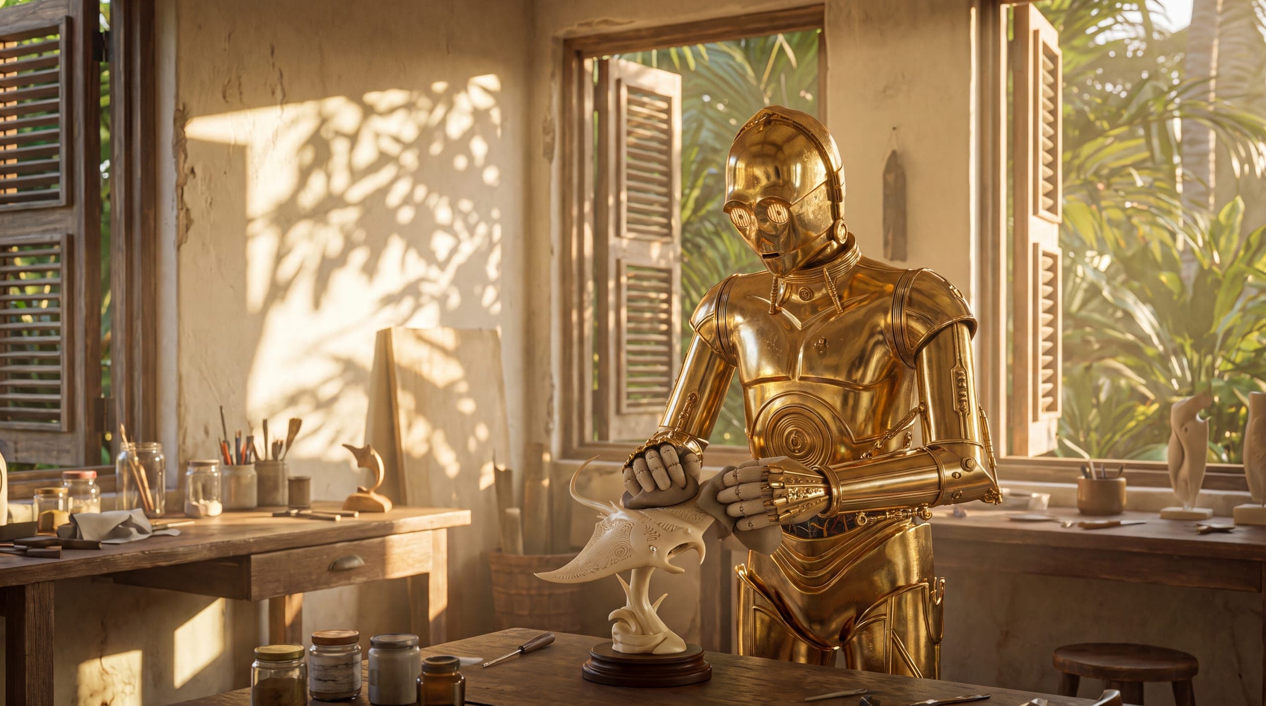 Androïde doré sculptant une pièce claire dans un atelier ouvert sur la végétation tropicale
