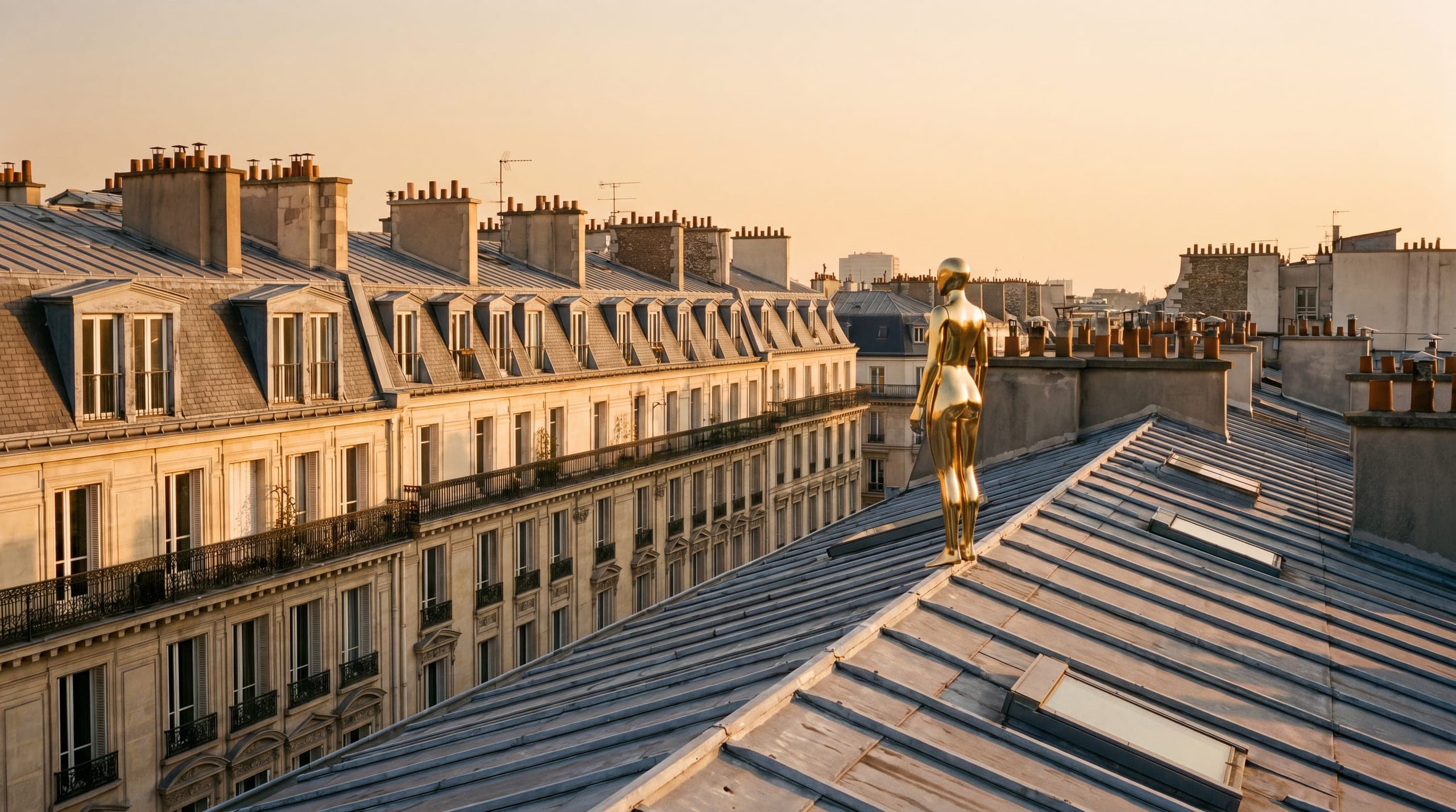 Silhouette d'androïde doré sur un toit haussmannien à l'heure dorée