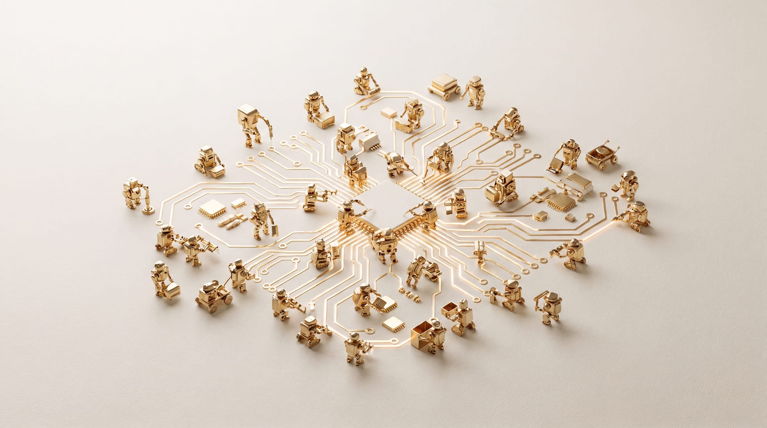 Figurines dorées disposées le long d'un circuit gravé, sur un fond ivoire