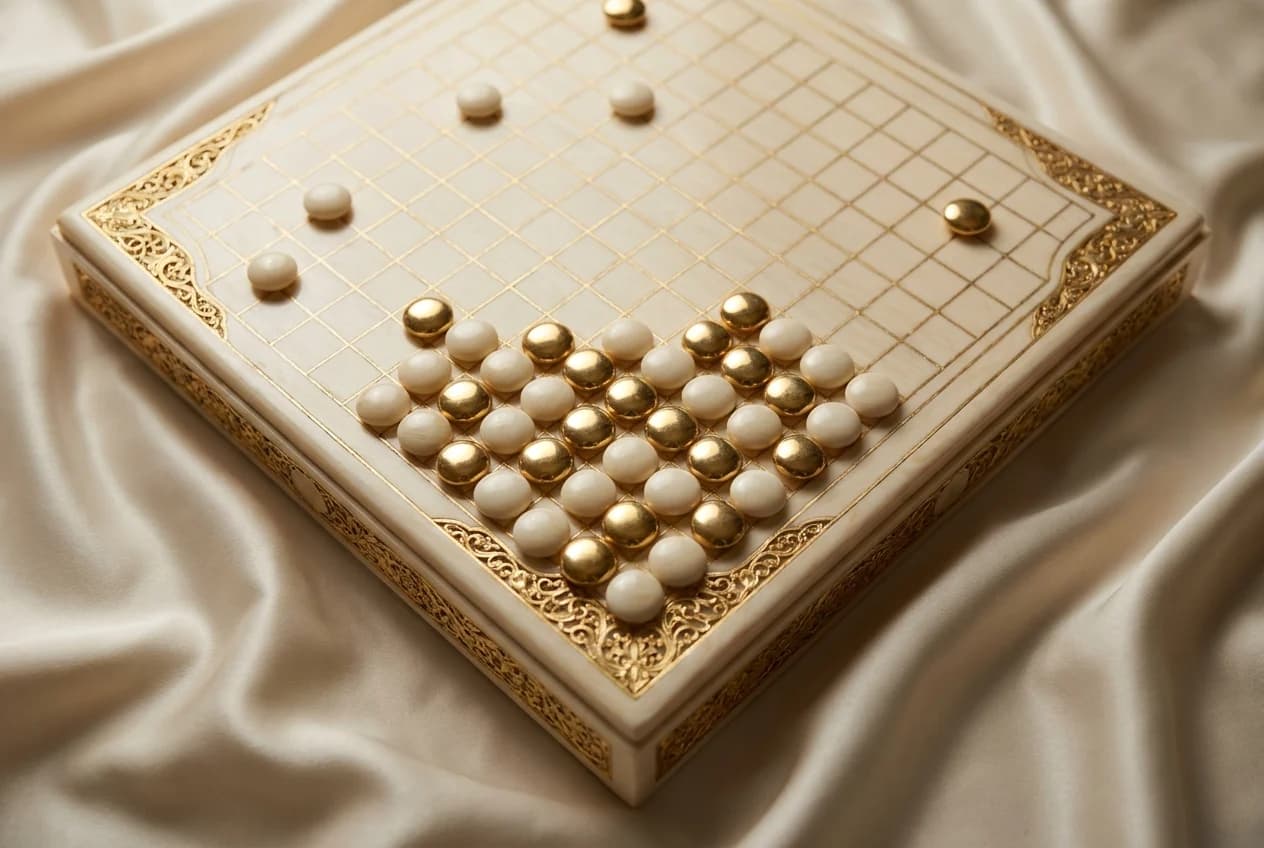 Goban en ivoire à incrustations d'or, partie en cours, un angle densément disputé par des pierres d'or et d'ivoire : la partie stratégique du full-stack IA, direction artistique blanc et or de Byss Group