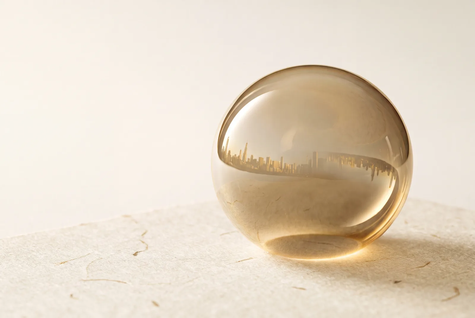 Une sphère d'or luminescente posée sur papier ivoire, une skyline dorée réfractée à l'intérieur : le marché suspendu dans la bulle.