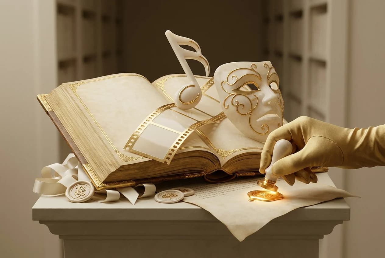 Grand livre-registre doré, masque de théâtre ivoire, note de musique et pellicule, une main gantée pressant un sceau de cire d'or lumineux sur un parchemin : l'enregistrement et la provenance des œuvres créatives, direction artistique blanc et or de Byss Group