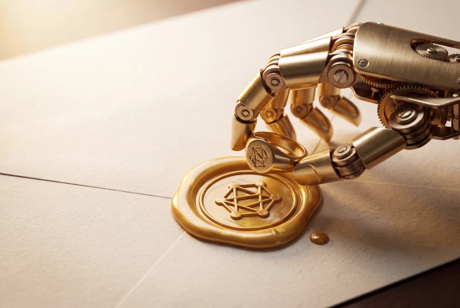 Une main mécanique dorée presse un chevalier dans un sceau de cire d'or au motif de graphe d'agents, sur papier ivoire.