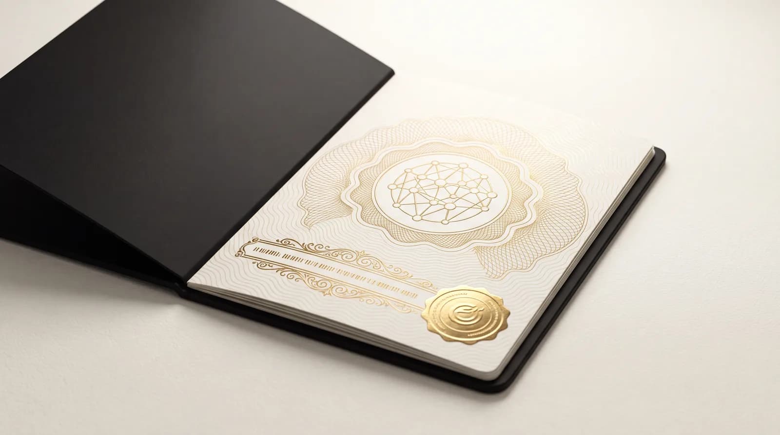 Un passeport d'agent : page ivoire gravée en guilloche d'or autour d'un emblème en graphe de noeuds, bande filigranée et cachet d'or embossé, sur couverture d'onyx.