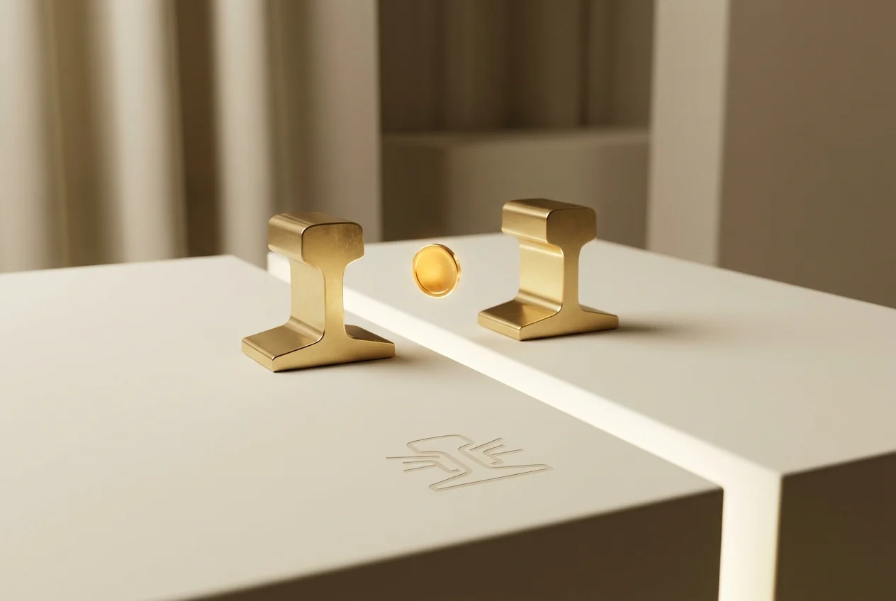 Deux rails d'or se faisant face avec une pièce d'or en suspension entre eux sur une surface ivoire : le rail de règlement machine-à-machine, direction artistique blanc et or de Byss Group