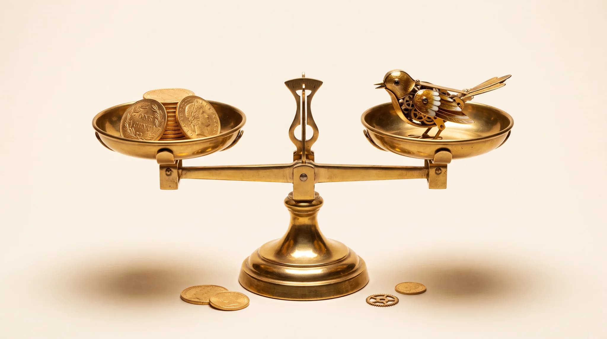 Balance d'orfèvre en laiton doré sur fond ivoire : pièces d'or d'un côté, oiseau mécanique d'or de l'autre, parfaitement en équilibre. La valeur pesée contre le savoir-faire, DA blanc et or de Byss Group