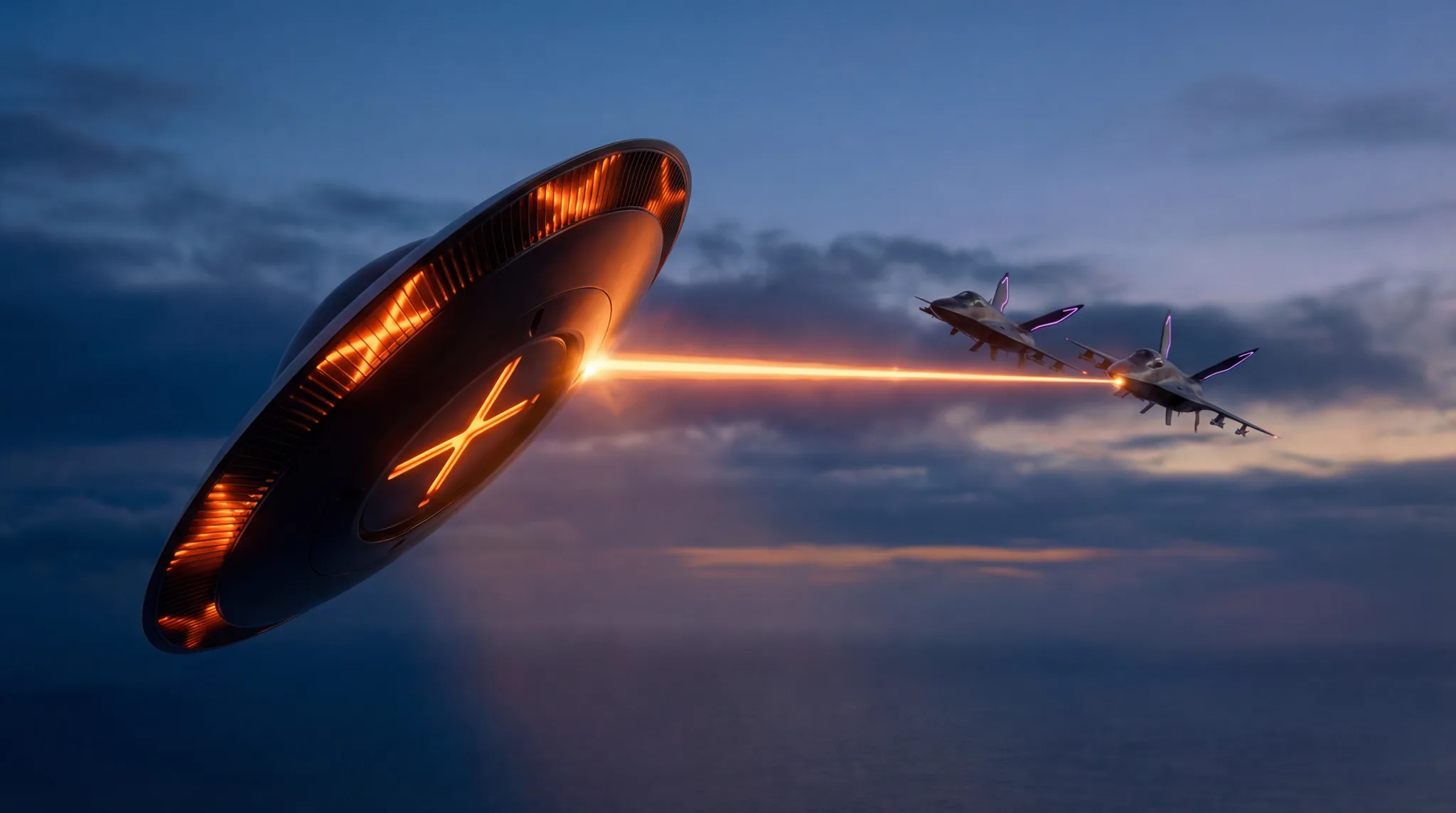Soucoupe noire marquée d'un X orange poursuivie par deux chasseurs au crépuscule, tir laser — plan de la série Jurassic Wars, production Byss