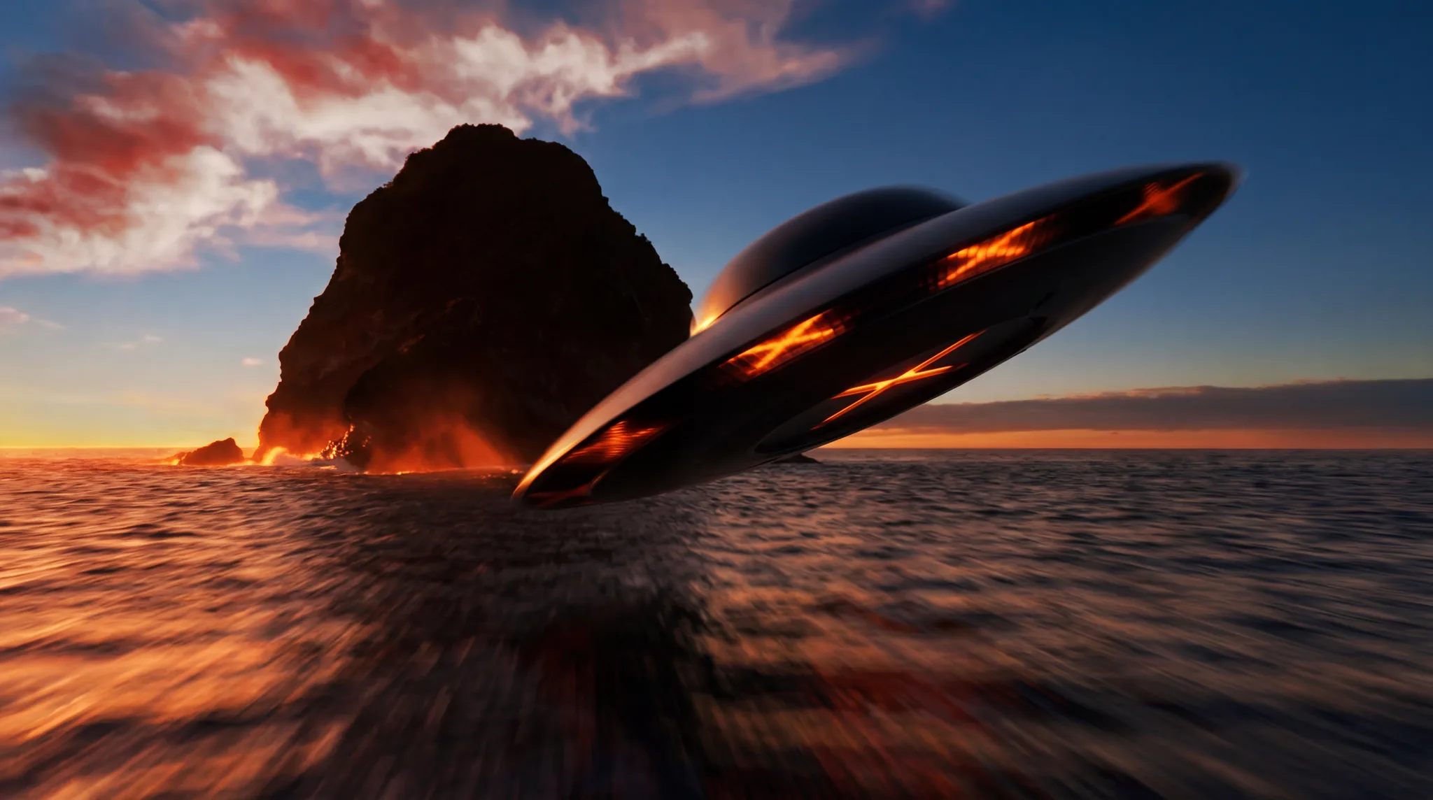 Soucoupe volante lumineuse filant au ras de l'eau devant le rocher du Diamant, au coucher du soleil