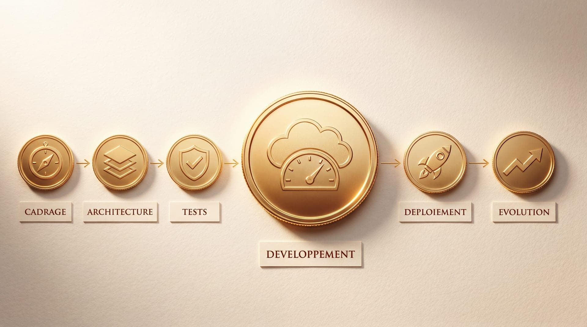 Médailles d'or autour d'un nuage gravé : cadrage, architecture, tests, développement, déploiement, évolution