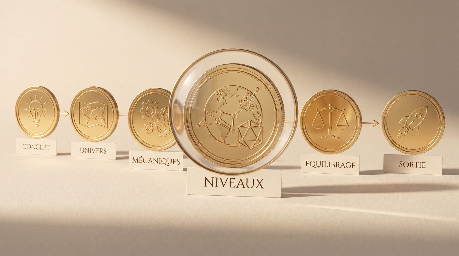Médailles d'or alignées sur l'ivoire : concept, univers, mécaniques, niveaux, équilibrage, sortie