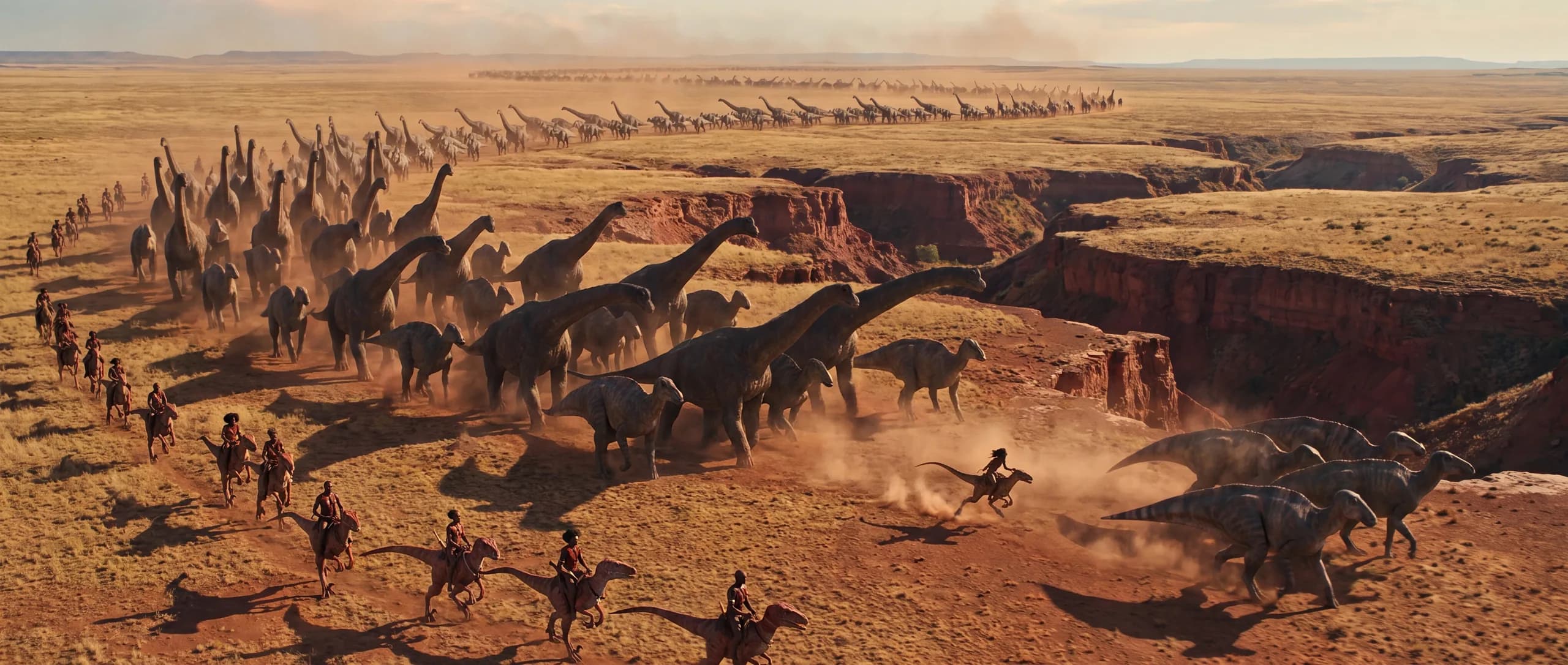 Grande migration de sauropodes escortée par des cavaliers dans un canyon ocre, plan d'ouverture de la série Jurassic Wars, écrite et produite par Byss Group