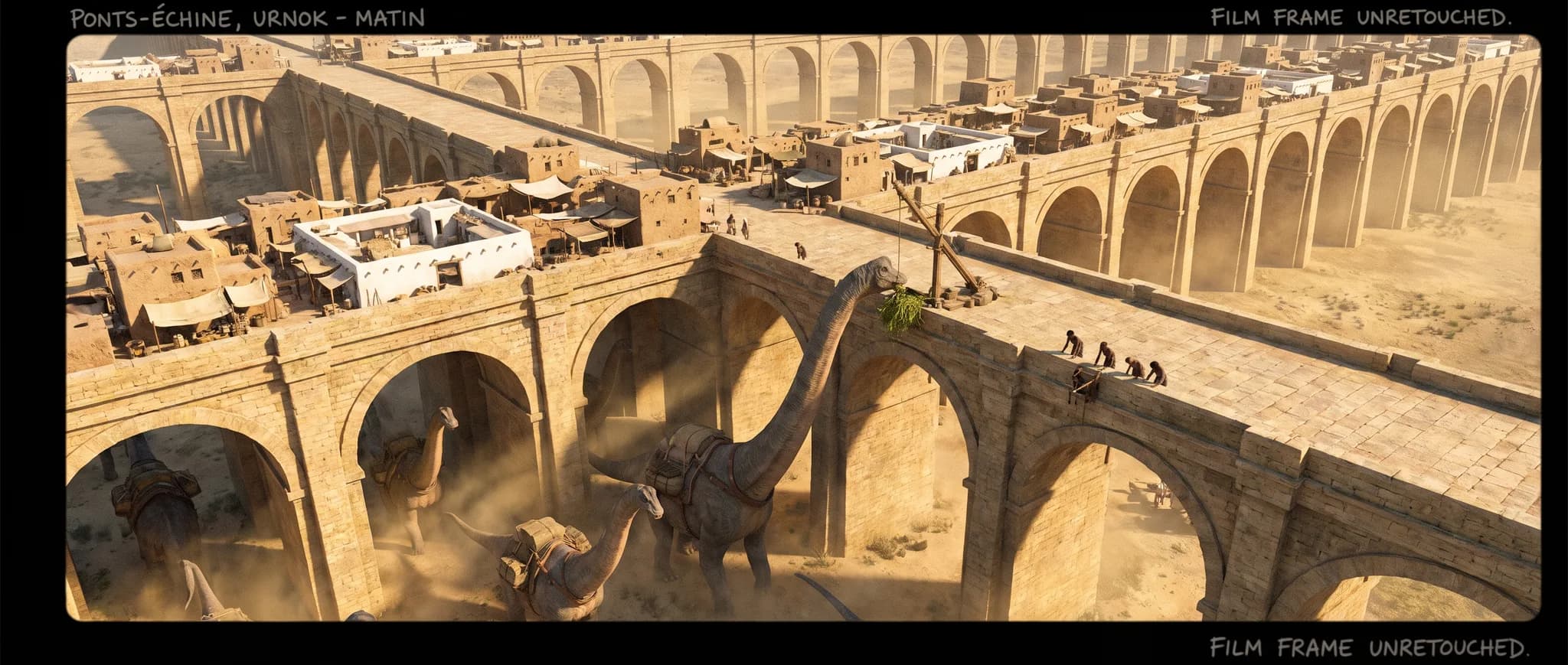 Photogramme annoté de Jurassic Wars, caravanes sur un pont-échine au matin — production vidéo Byss, frame non retouchée