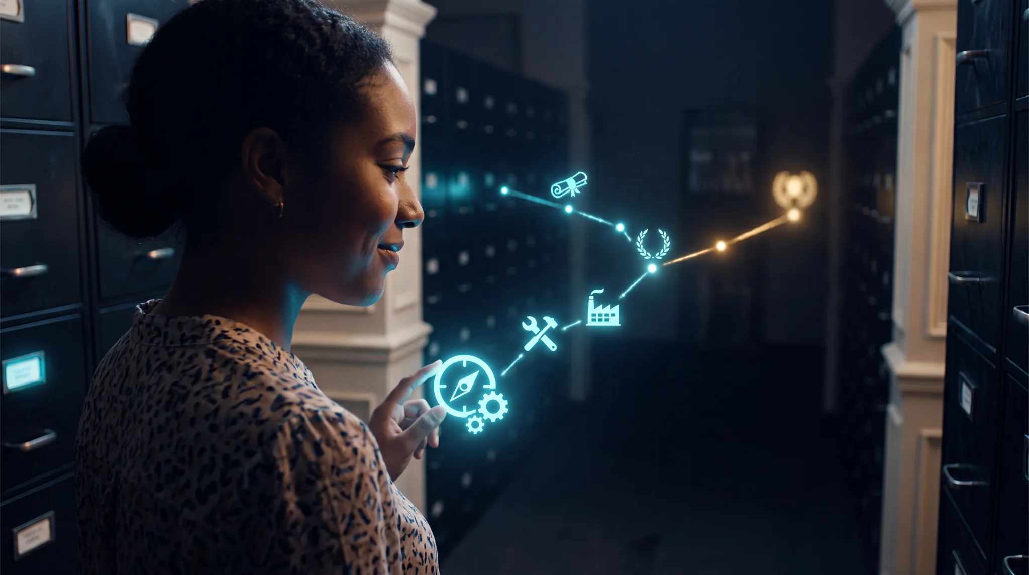 Jeune femme martiniquaise touchant une étape lumineuse de son parcours professionnel dessiné en constellation cyan et or — Byss Emploi