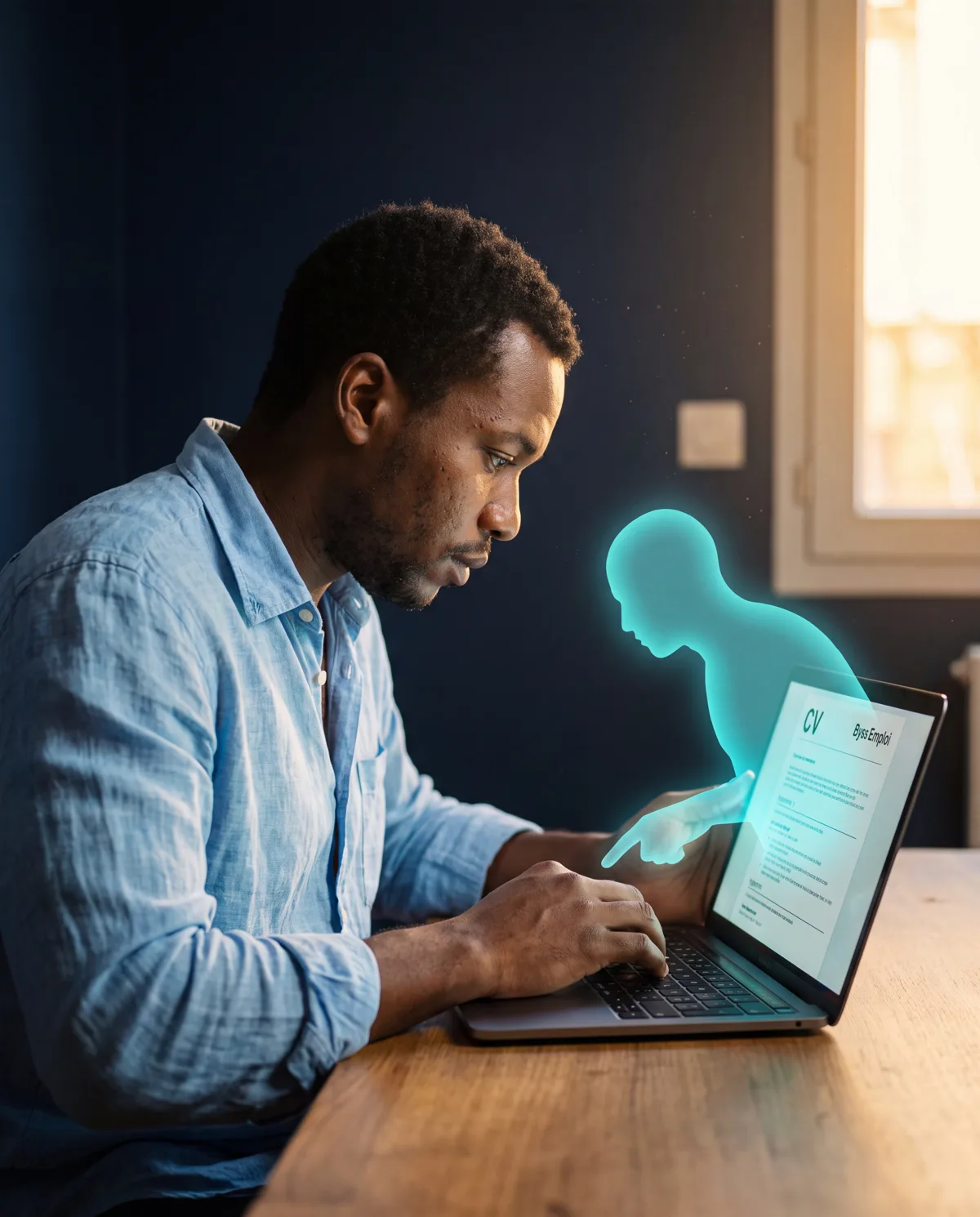 Homme antillais relisant son CV à l'aube, guidé par une silhouette d'agent cyan pointant une ligne du document