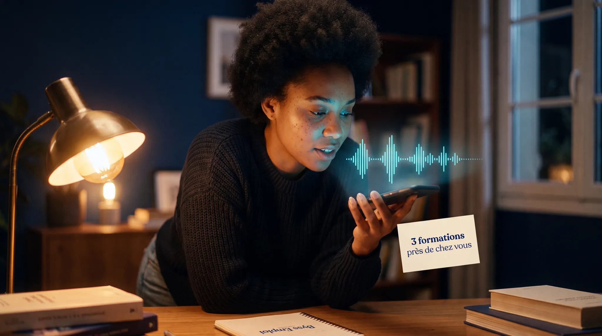 Jeune femme antillaise conversant avec l'onde vocale cyan de Byss Emploi dans un bureau de nuit, carte « 3 formations près de chez vous » affichée