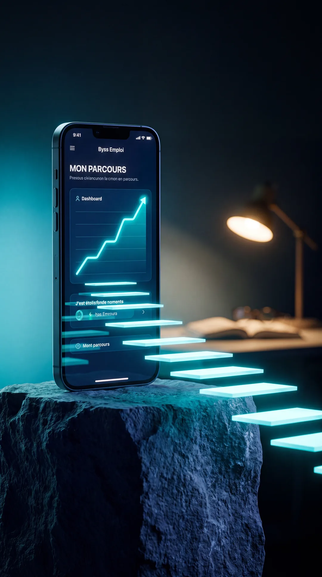 Smartphone sur socle affichant le parcours carrière Byss Emploi, la courbe cyan continuant en escalier de lumière hors de l'écran