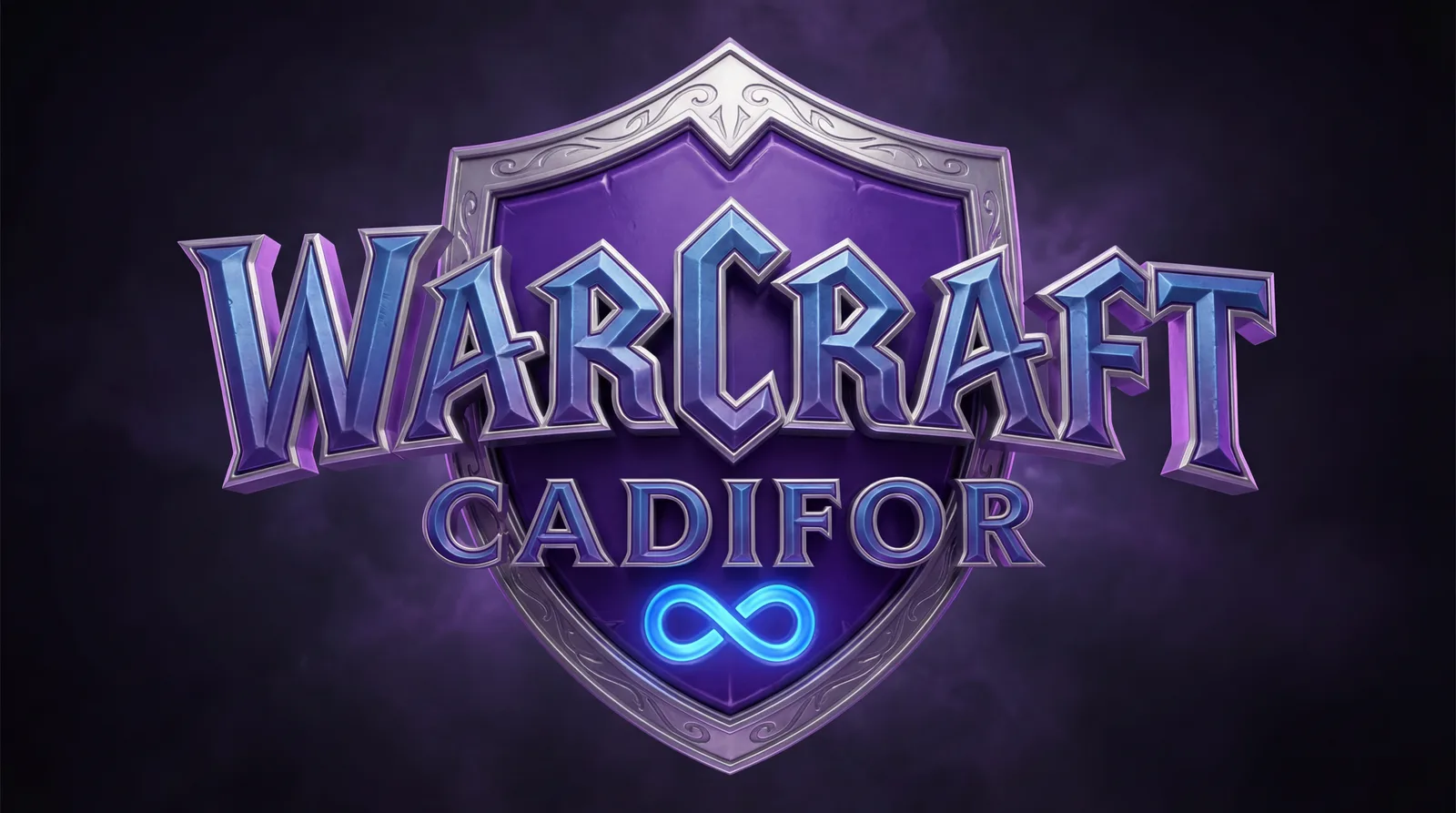 Blason violet lumineux gravé Warcraft Cadifor à l'infini — emblème officiel de l'univers Cadifor structuré par Byss
