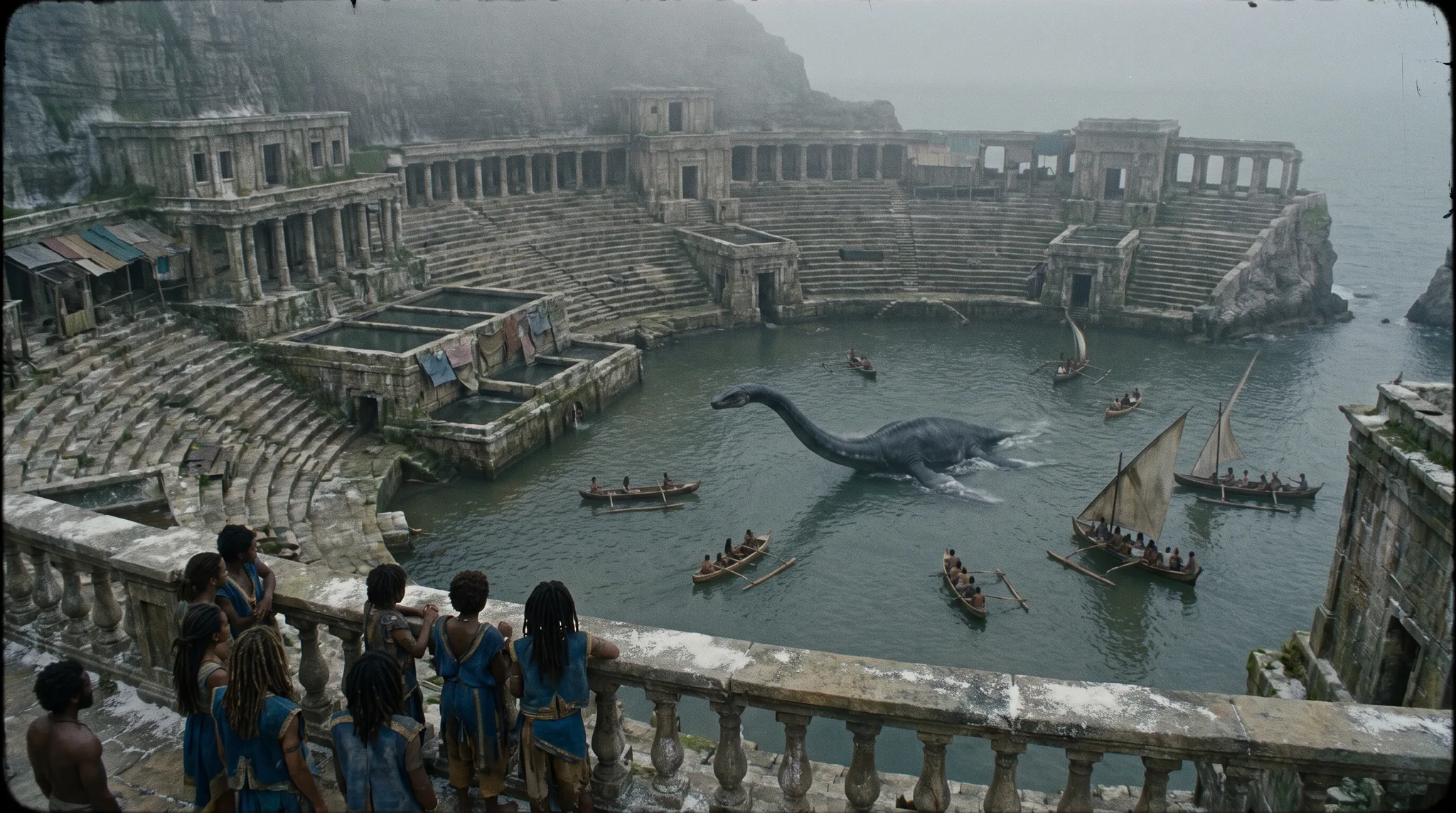 Amphithéâtre antique ouvert sur la mer, un plésiosaure surgissant au centre de la naumachie — jeux du cirque de Jurassic Wars