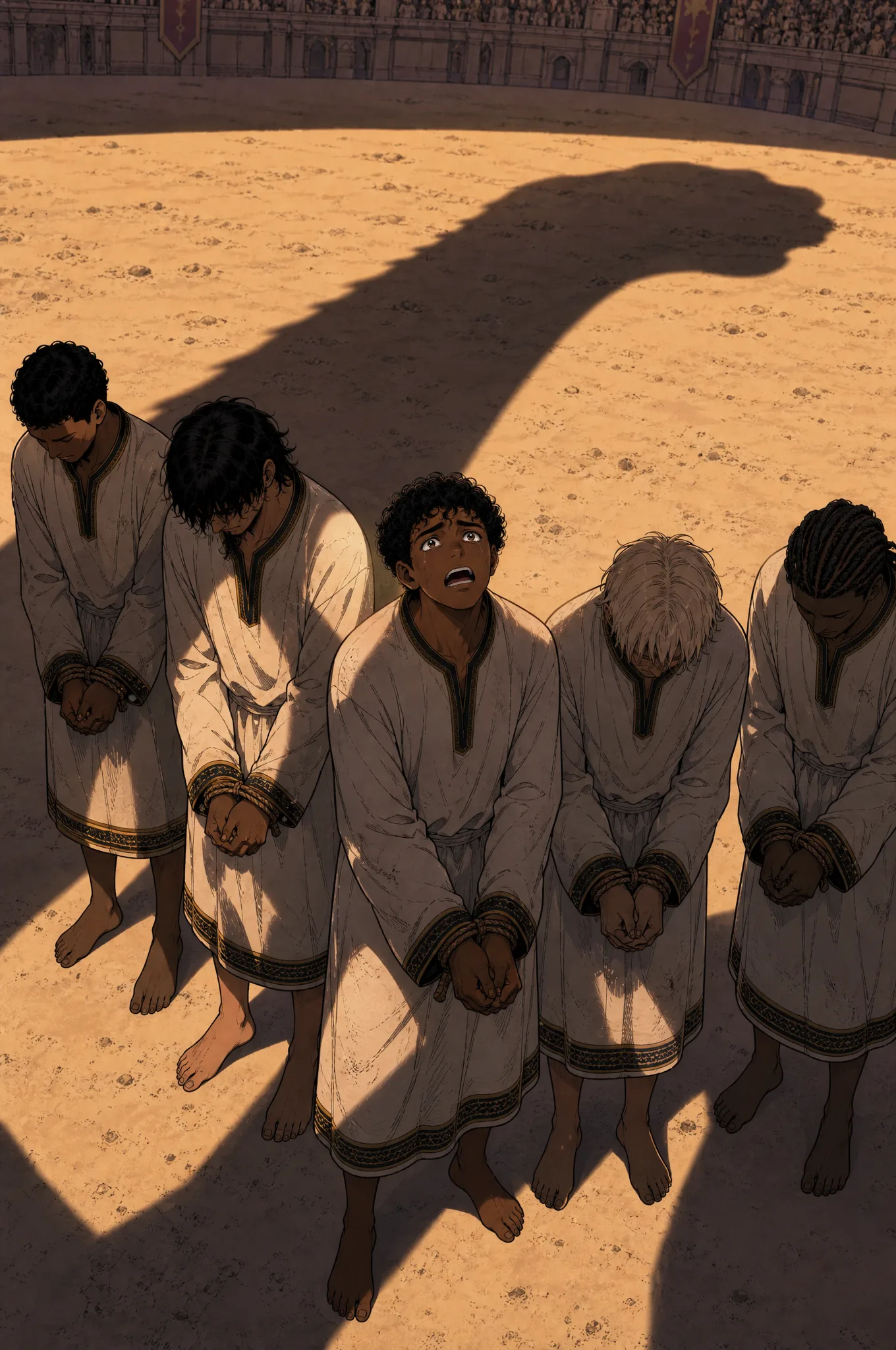 Planche animée : prisonniers en file sous l'ombre portée d'un sauropode — séquence stylisée de Jurassic Wars