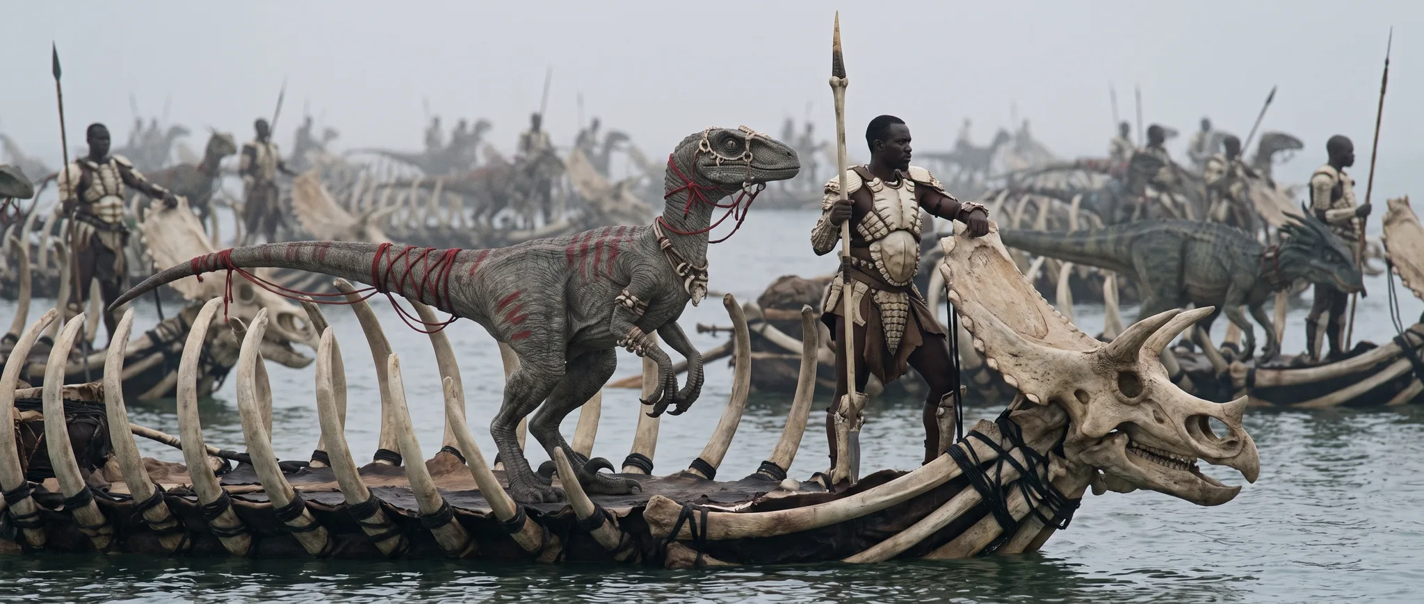 Drakkar construit en ossements de dinosaure fendant l'eau, guerriers à bord — flotte de la série Jurassic Wars