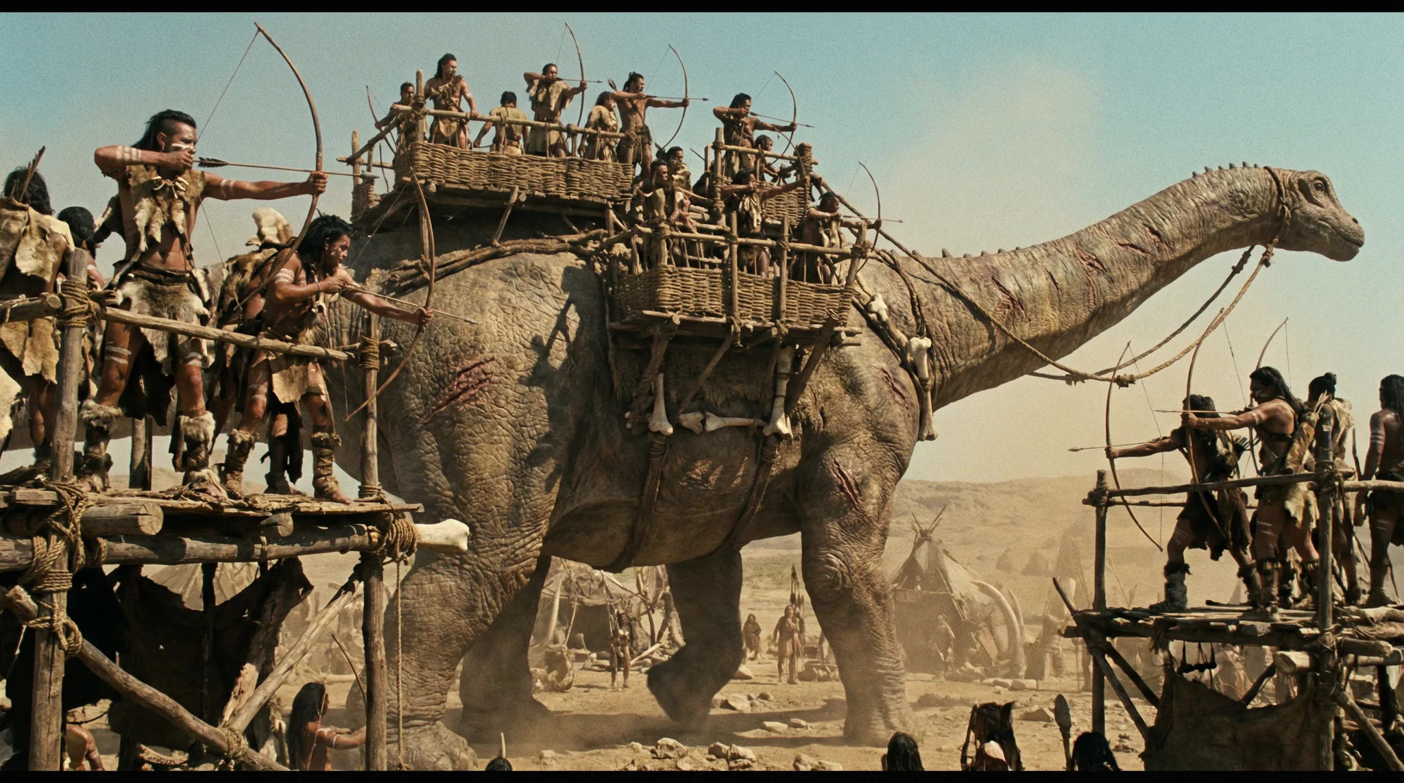 Sauropode de guerre portant un howdah d'archers, caravane en marche dans la poussière — logistique militaire de l'univers Jurassic Wars