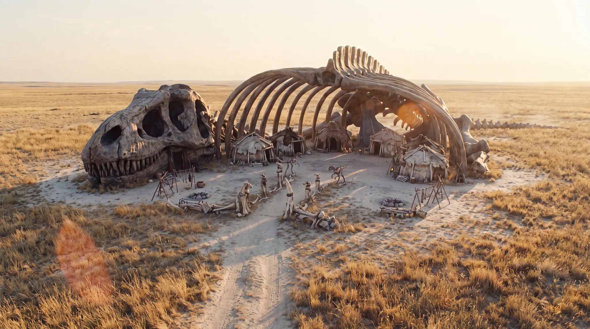 Palais bâti dans la carcasse d'un titanosaure, côtes en arches blanchies sur la plaine — architecture organique de Jurassic Wars