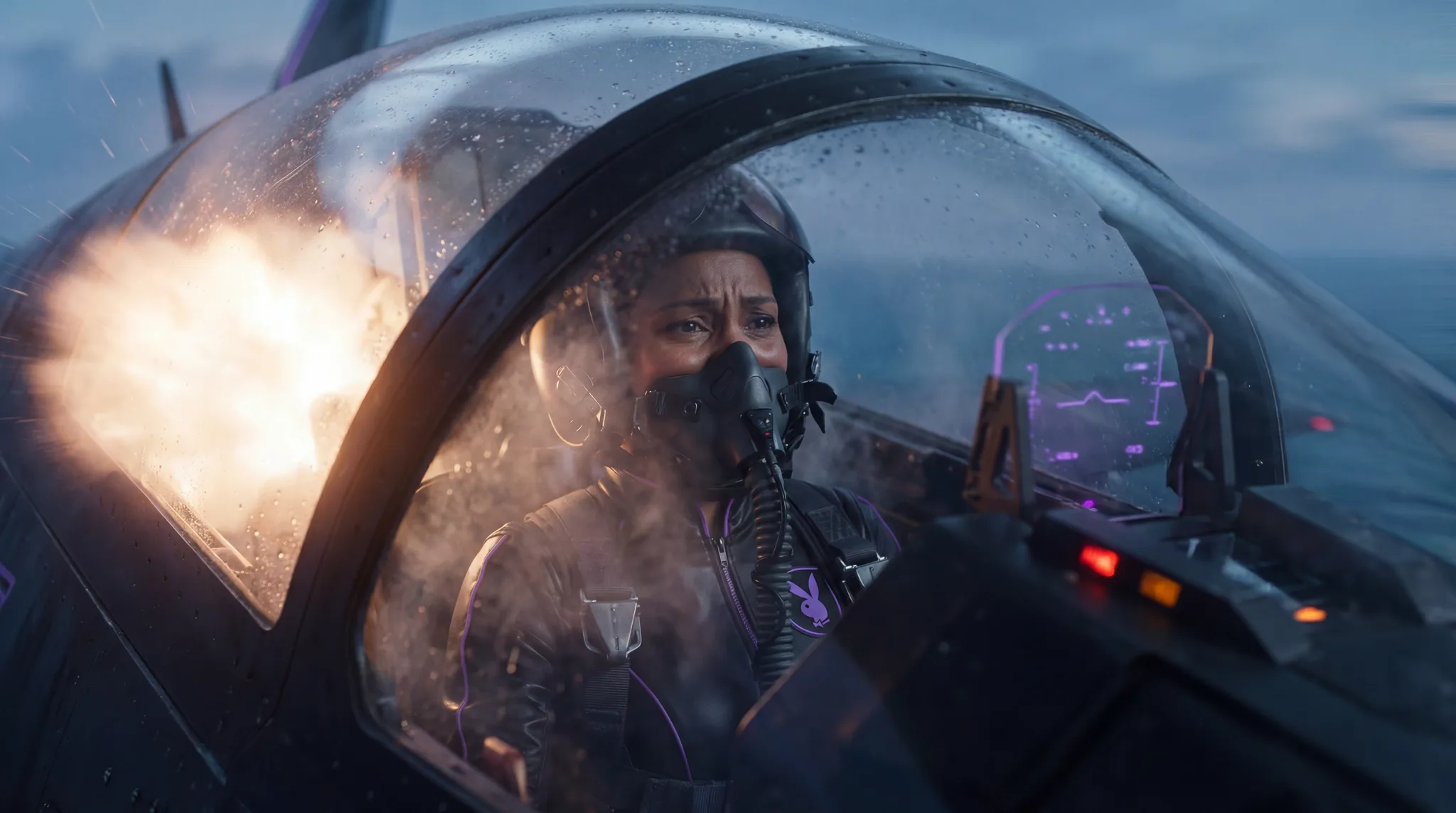 Pilote casquée en plein tir dans un cockpit illuminé, douilles éjectées — combat aérien de Jurassic Wars
