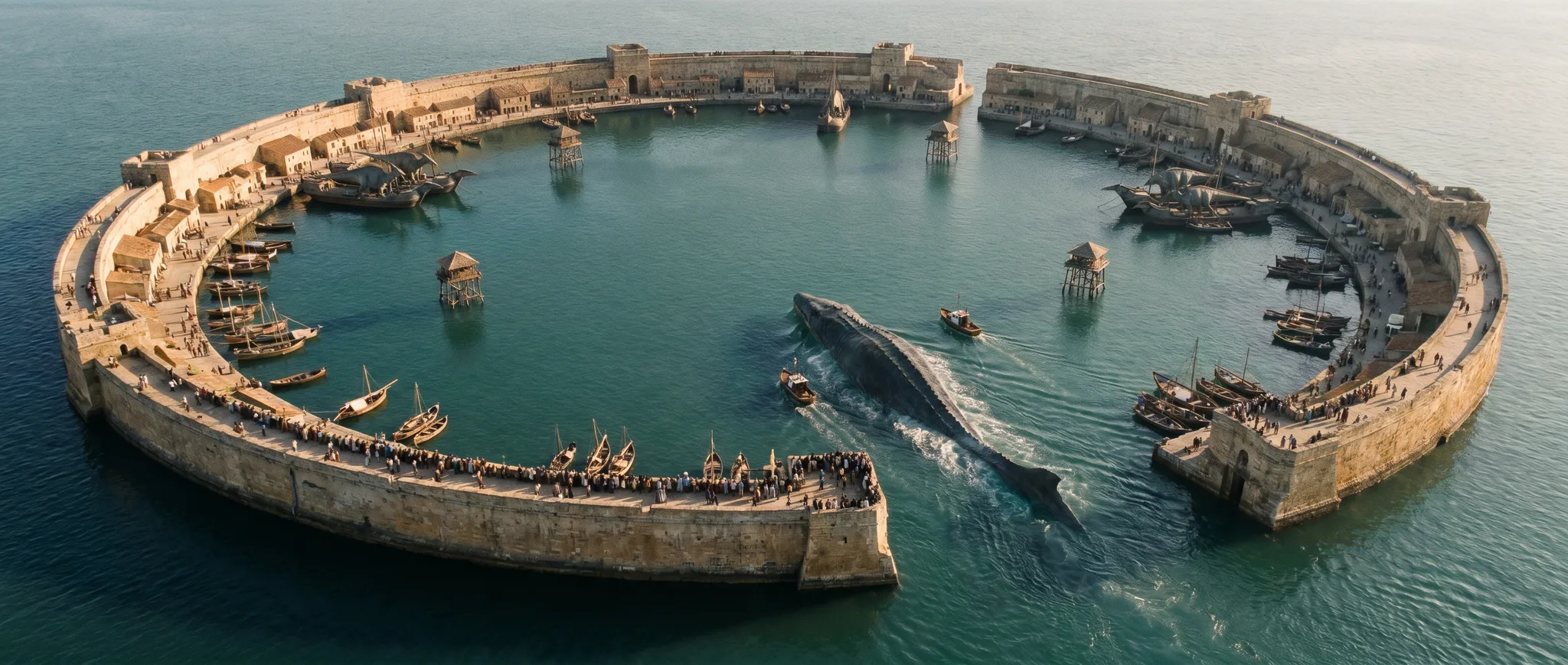 Port de guerre circulaire vu du ciel, navires amarrés dans l'anneau de pierre, un plésiosaure passant la porte maritime — architecture navale de Jurassic Wars