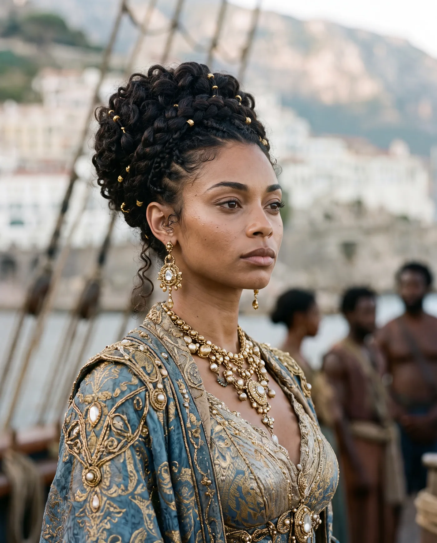 Portrait de la souveraine de Jurassic Wars en tenue d'apparat bleu et or, port de tête impérial, voiliers en arrière-plan