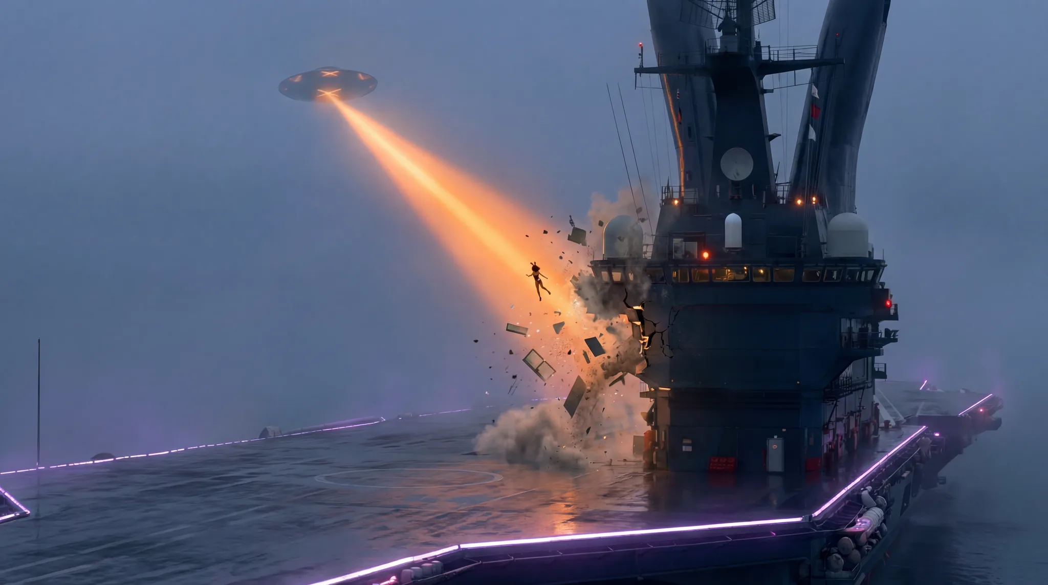 Soucoupe tirant un rayon orange sur un navire de guerre en pleine mer — l'invasion vue par la série Jurassic Wars