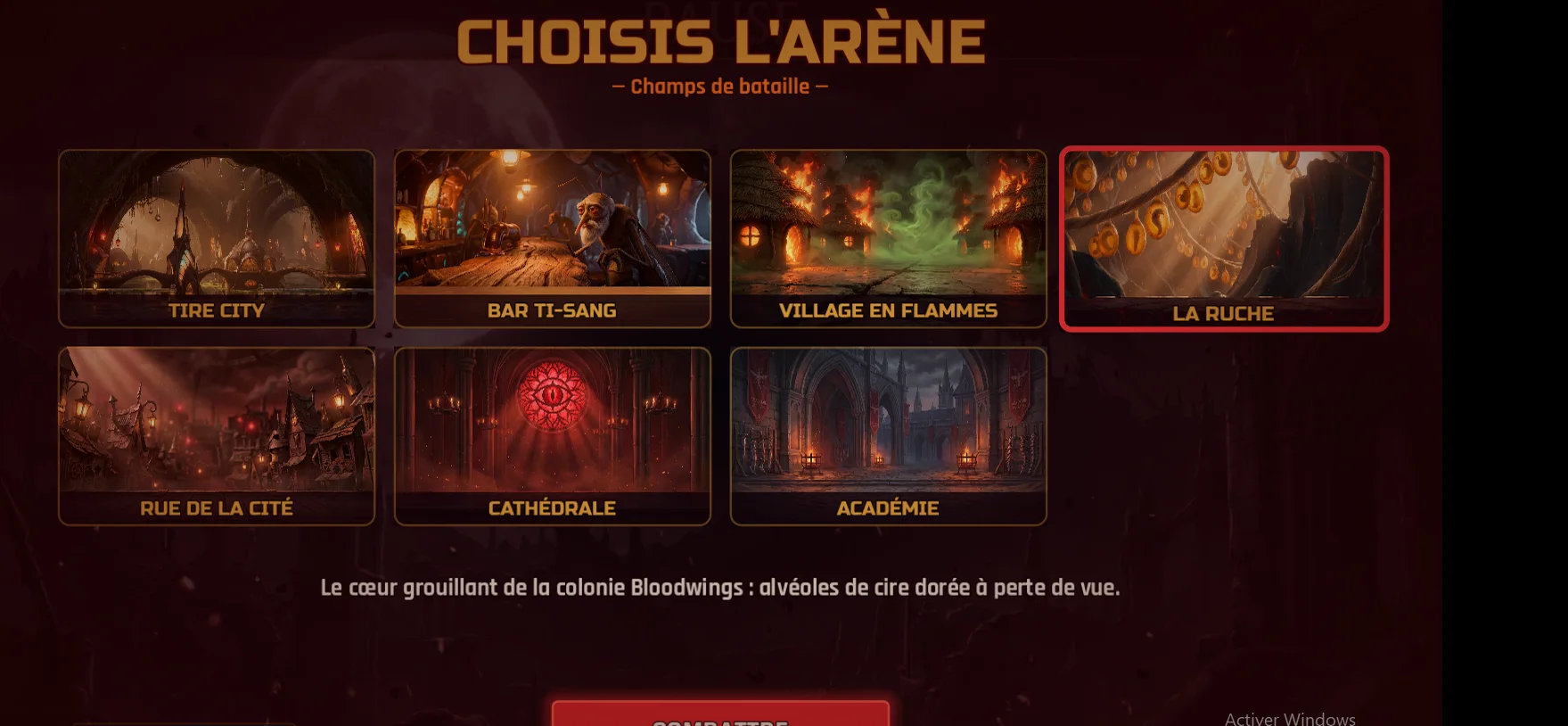 Sélection d'arène de Moostik Combat : sept champs de bataille dont le Bar Ti-Sang, la Cathédrale et la Ruche