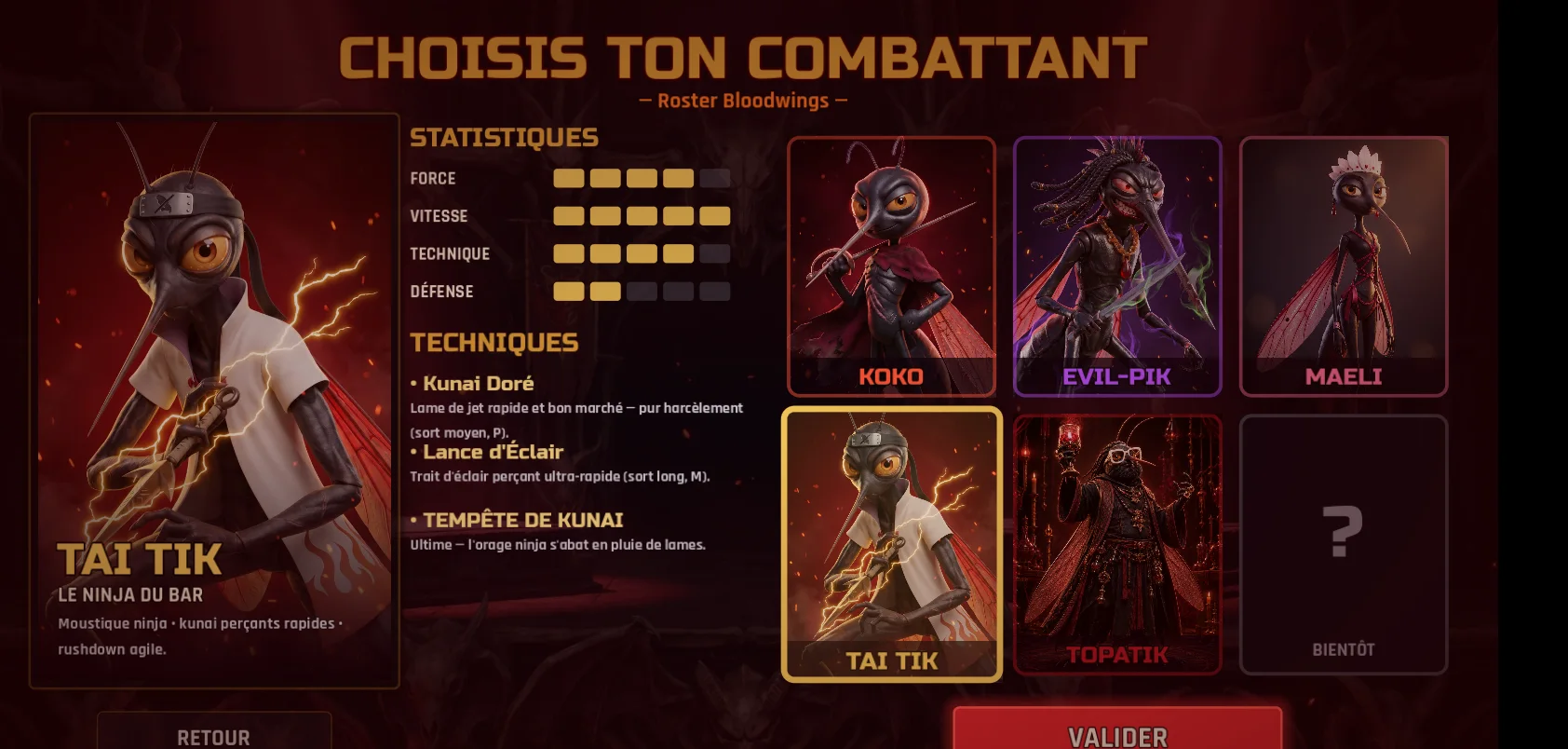Écran de sélection de Moostik Combat : le roster Bloodwings, Tai Tik, Koko, Evil-Pik, Maeli et Topatik — jeu de combat Godot jouable en ligne