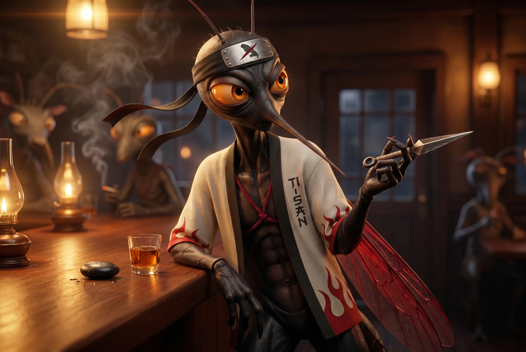 Moustique en tenue de pirate accoudé au bar d'une taverne au coucher de soleil, dague à la main — crossover Moostik dans l'univers Toxic ABABA