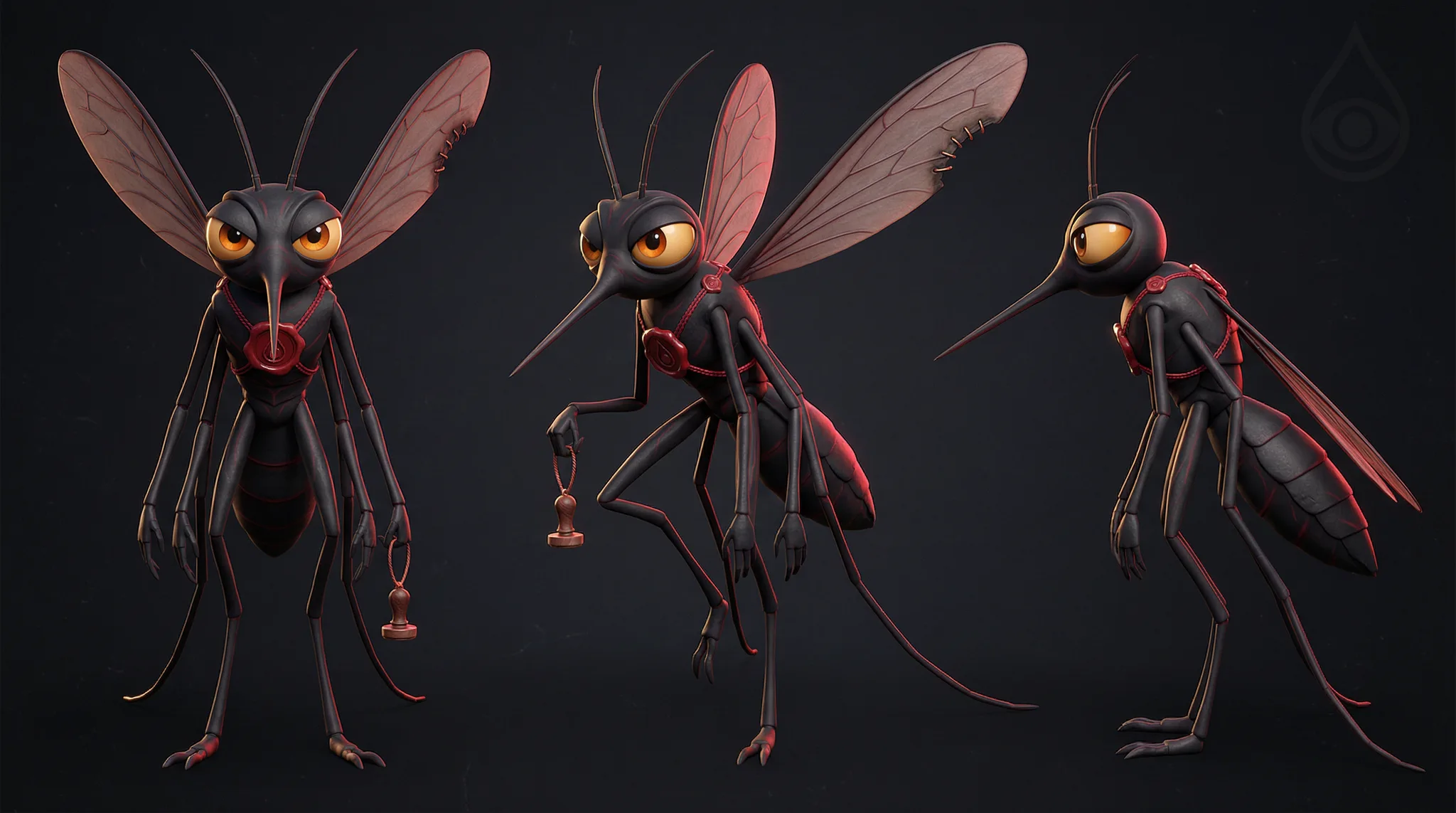 Planche de personnages du jeu Moostik : trois moustiques anthropomorphes en pose de présentation — character design maison