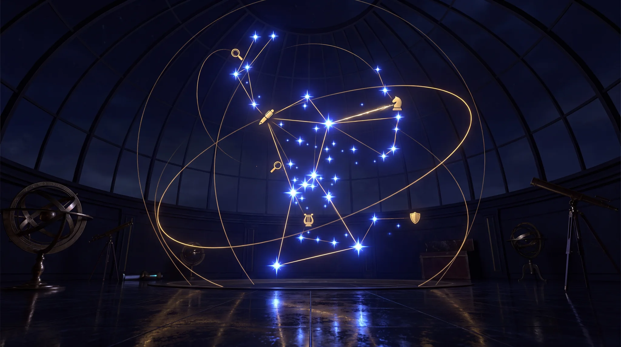 Constellation d'agents Orion reliés par des orbites d'or dans un observatoire d'obsidienne