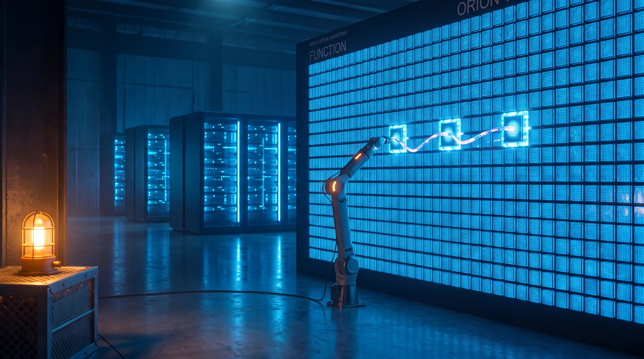 Mur de cent quarante-six fonctions serverless bleu électrique, un agent reroutant un fil lumineux — l'infrastructure d'Orion