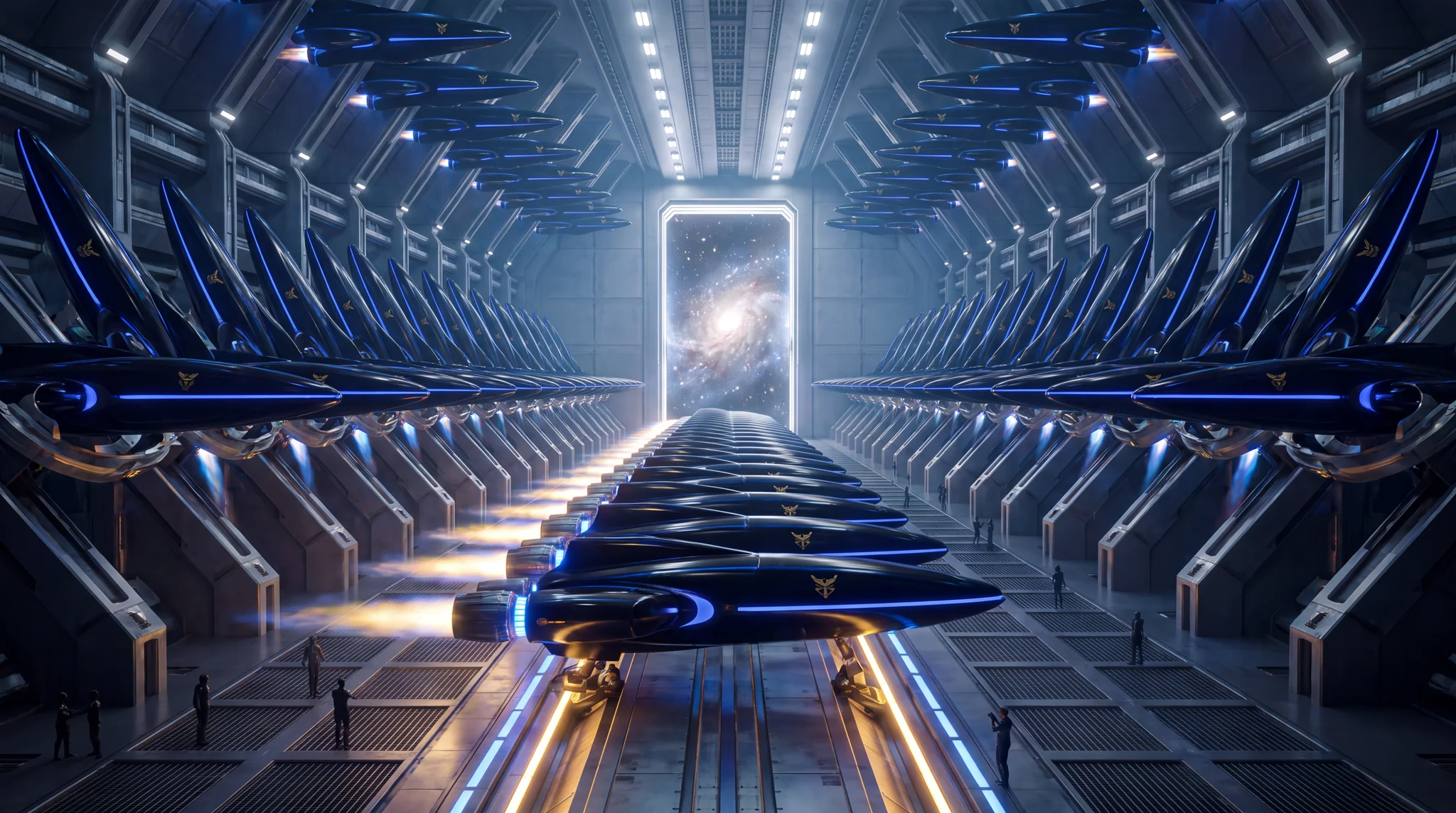 Hangar orbital d'Orion : rangées d'agents-sondes bleu et or prêts au lancement